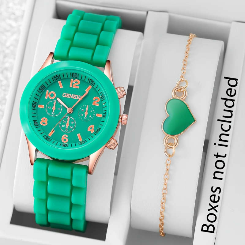 2pcs Fashionable Silicone Quartz Watch Heart Charm Bracelet Set Purple Rose Golden Case with World