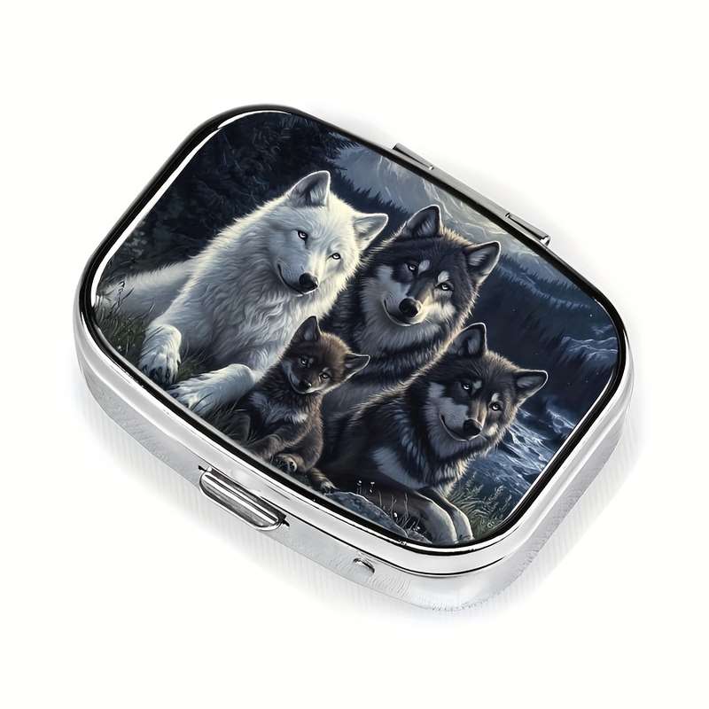 1pc Wolf Family Metal Pill Box C Portable Decorative Organizer with Realistic Wolf Artwork Com