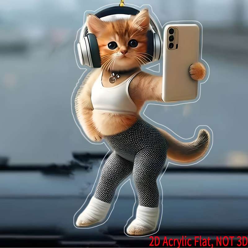 1pc 2D Flat  Printing Cute Fitness Kitten Pendant Acrylic Car Interior Pendant Home Bedroom Pendant