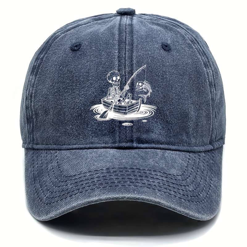 1pc Stylish Unisex Skeleton Fishing Print Baseball Cap Adjustable Snapback Lightweight Cotton D