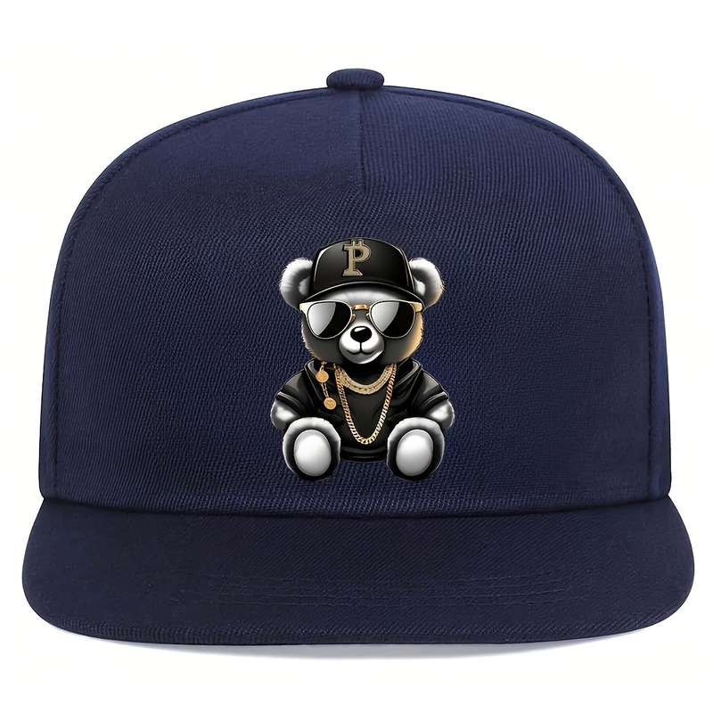 1pc Hip Hop Bear Print Flat Brim Cap Unisex Adjustable Street Style Baseball Hat 100% Polyest