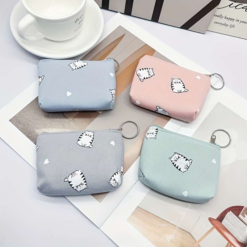 1pc Cute Cat Print Canvas Coin Pouch Portable Fashionable Zipper Wallet with Whimsical Blue