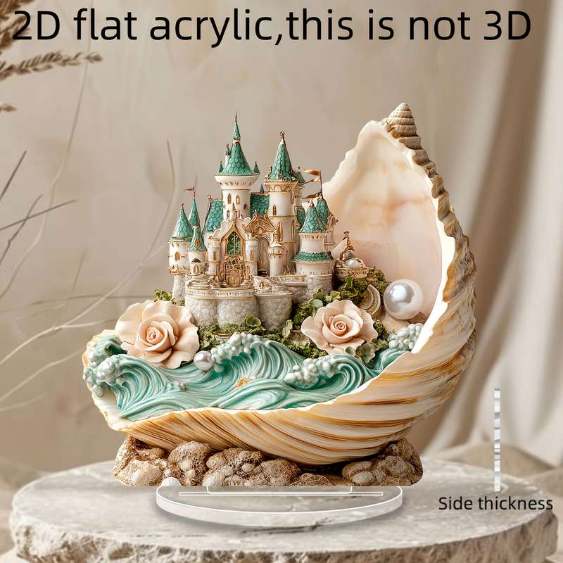 1pc 2D Flat  Bohemian-Style  Acrylic Flat Pearl Castle Desktop Decoration with Stand Elegant Se