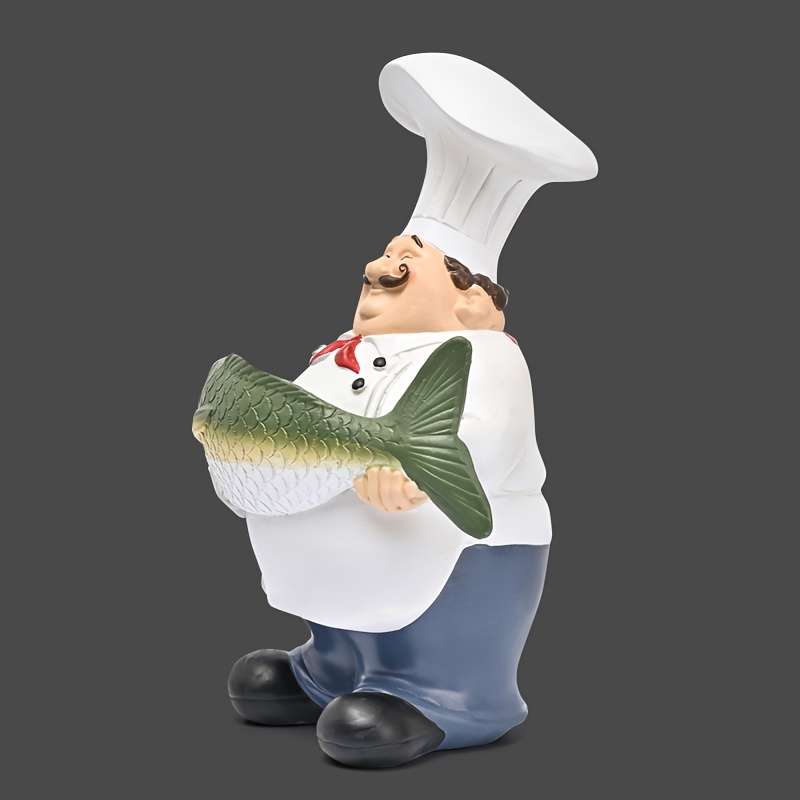 1pc Charming European Chef with Fish Figurine Rustic Resin Statue Cartoon-Style Kitchen Decor fo