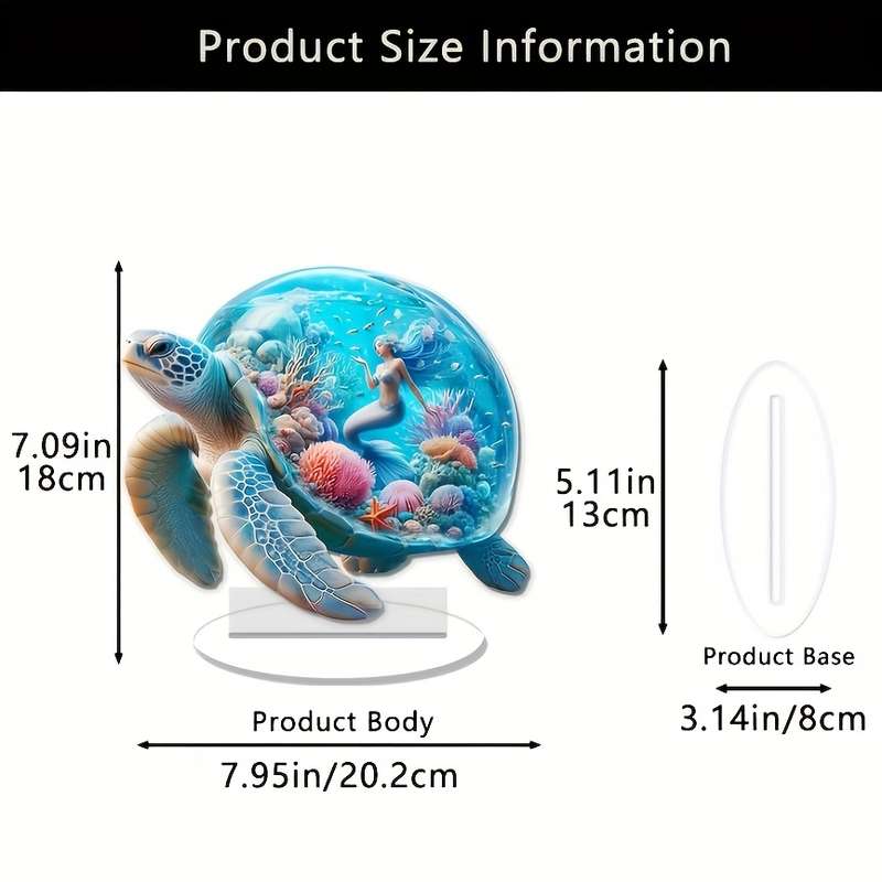 1pc 2D Flat   Bohemian Style  Acrylic Turtle Statue with Oceanic Mermaid Design Colorful Des
