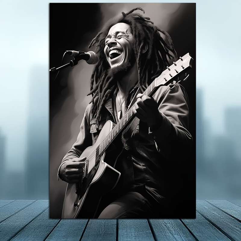 1pc 2D Flat  Frameless Bob Marley Guitar Portrait Canvas Wall Art Monochrome Music Icon Poste