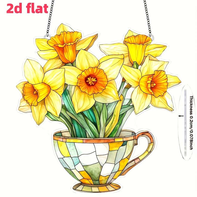 1pc 2D Flat  20.32cm x 20.32cm Acrylic Daffodil Tea Cup Wall Hanging Vibrant Yellow Orange Flora