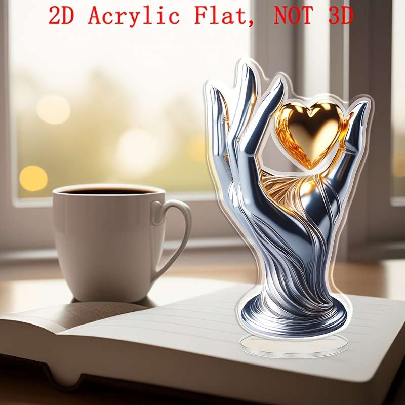 1pc 2D Flat  Luxurious  Acrylic Hand Holding Heart Decorative Sculpture Glossy Metallic Finish