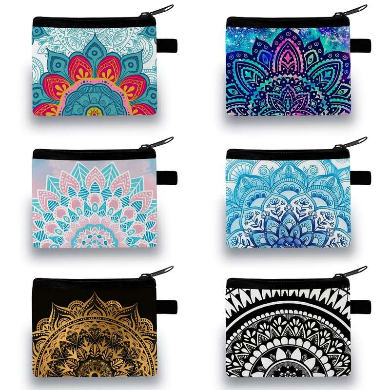 1pc Stylish Mandala Print Zipper Pouch Lightweight Durable Polyester Coin Purse with Vibrant Flor