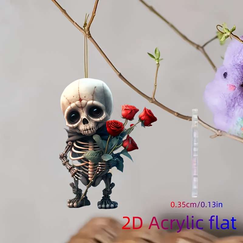 1pc 2D Flat  Gothic Style Skeleton Hand with Red Roses  Acrylic Pendant Versatile Hanging Orna