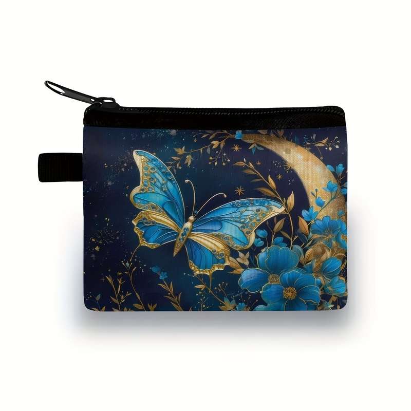 1pc Elegant Butterfly Floral Print Compact Purse for Girls Casual Polyester Coin Key Card Ho