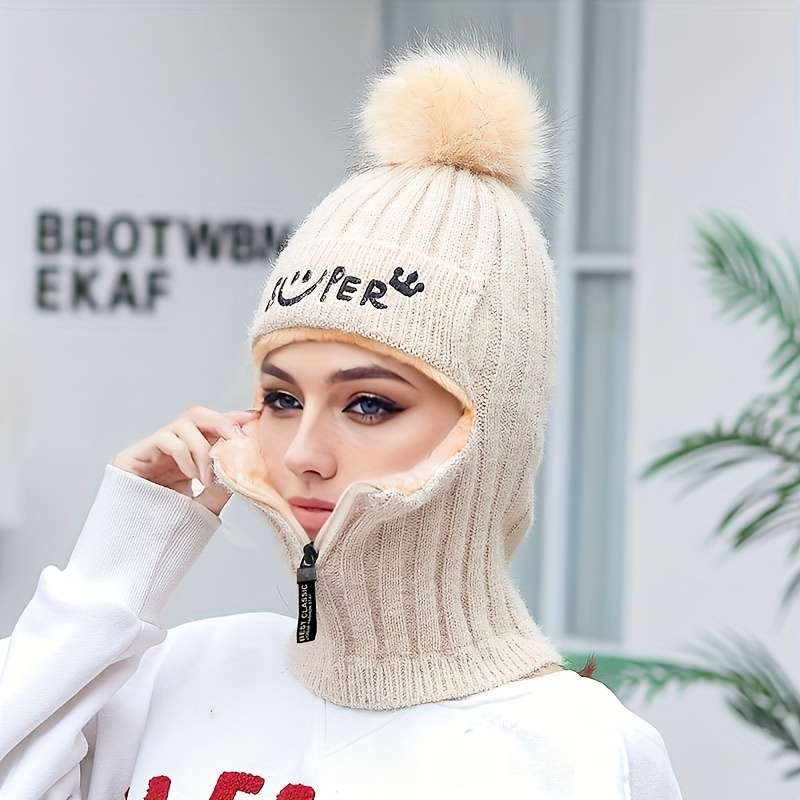 1pc Warm Elastic Knitted Winter Beanie with Pom Pom and Zipper for Women