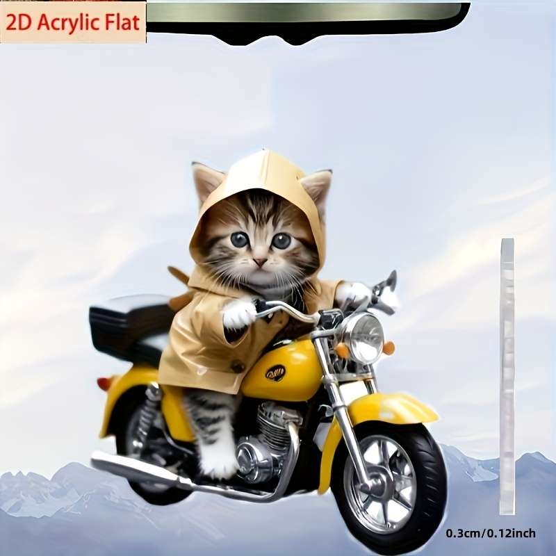 1pc 2D Flat  Acrylic Car Dangling Charm Classic Style Acrylic Cat Riding a Motorcycle Keychain B
