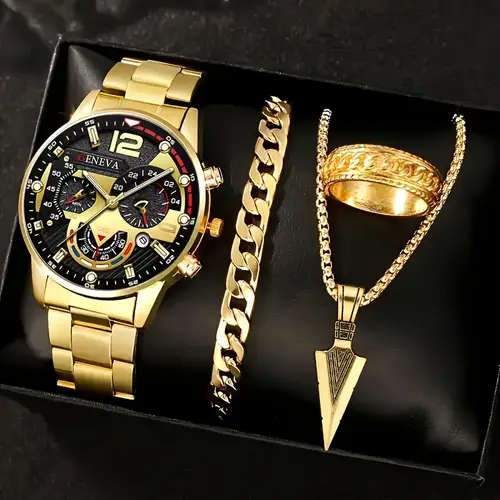 4pcs Luxury Gift Set Stainless Steel Quartz Watch with Calendar Golden Arrow Necklace Bracelet and R