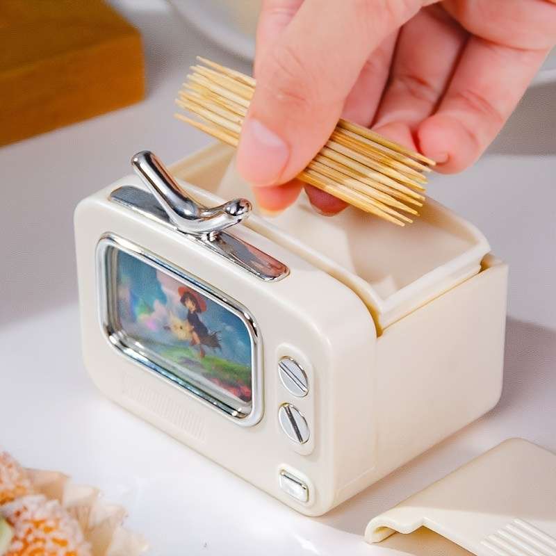 1-Pack Retro TV Design Automatic Pop-Up Toothpick Dispenser Push-Type Portable Plastic Holder