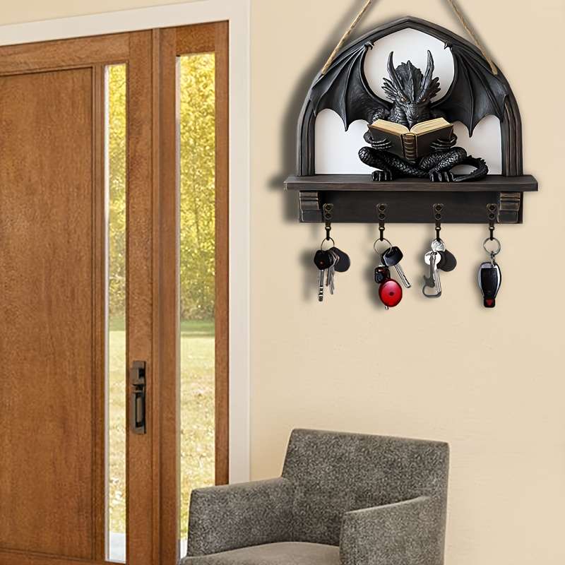 1pc Dragon-Shaped Wooden Key Holder with 4 Metal Hooks Easy Wall Mount Space-Saving Organizer for