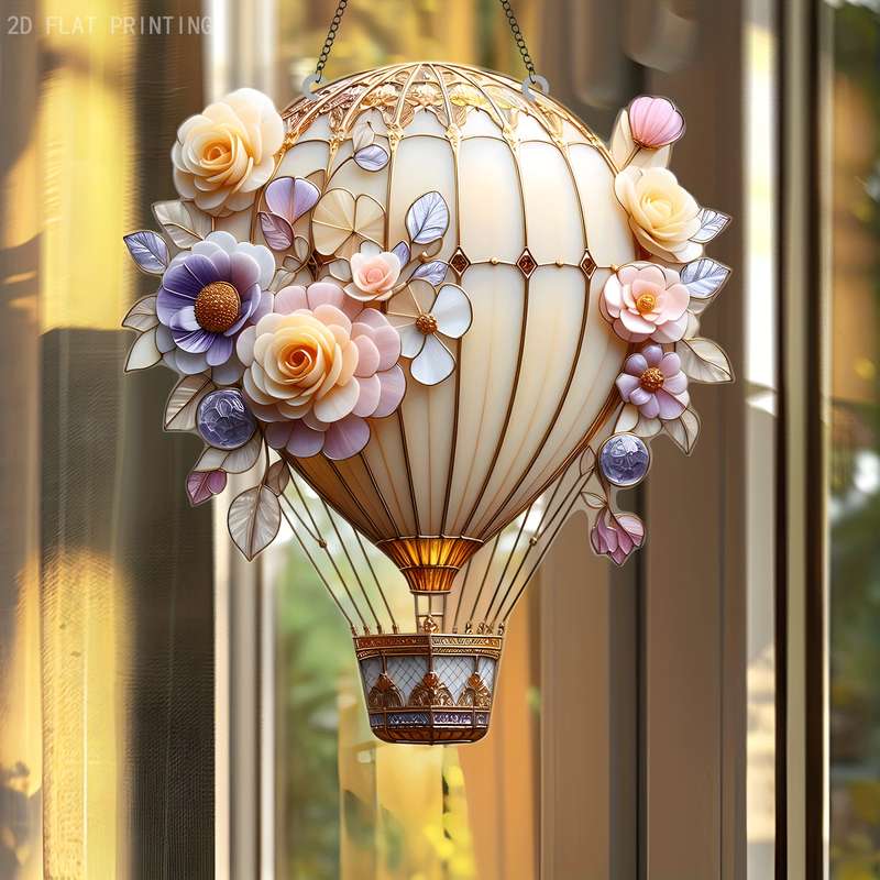 1pc 2D Flat    Acrylic Flower hot air balloon Suncatcher19.99cm x 17.98cm Window Han