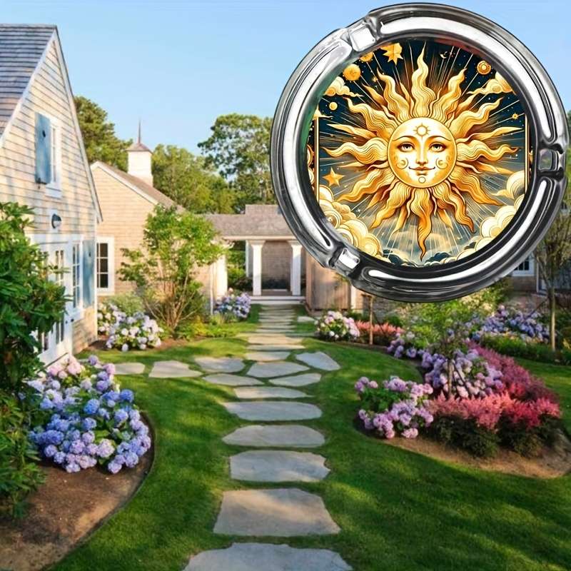 1pc Elegant Sun Moon Design Glass Ashtray Round Stained Glass Artwork with Golden Sun Tranqu