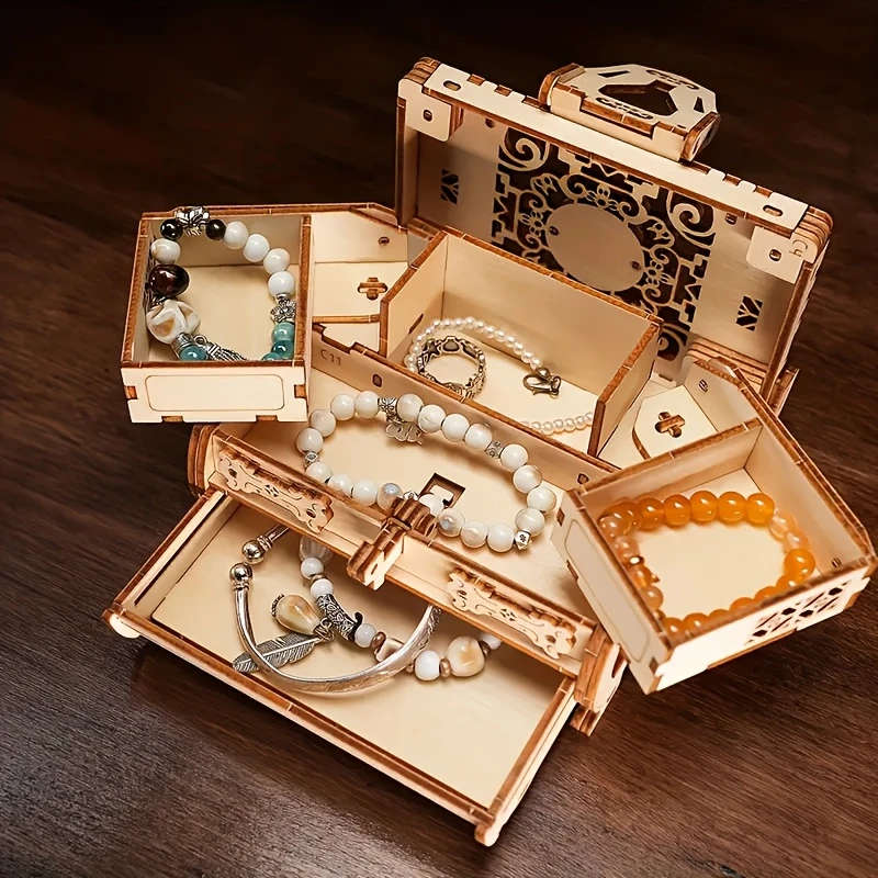 1pc DIY 3D Wooden Puzzle Jewelry Box Handcrafted Khaki Mechanical Treasure Chest with Intricate Desi