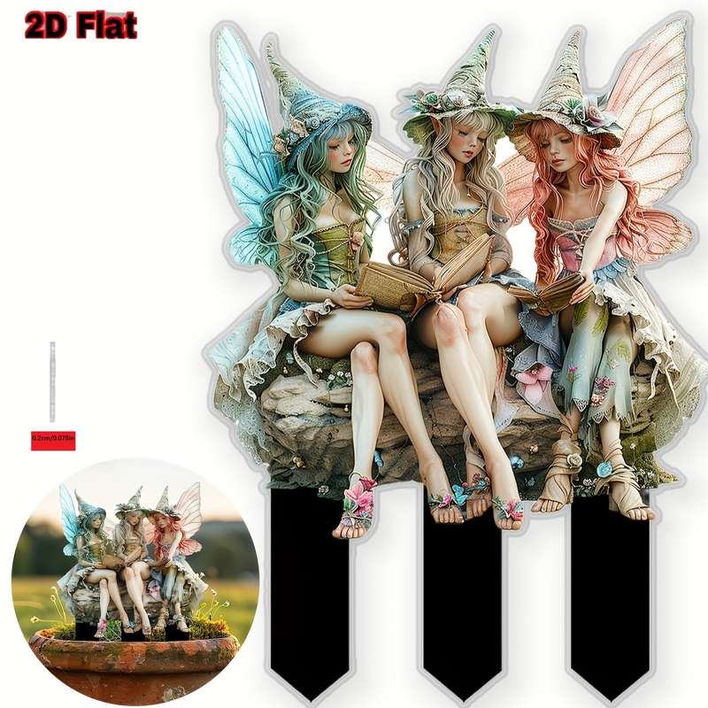 1pc 2D Flat   Printingacrylic fairy garden stakes rustic style reading fairy decorative ac