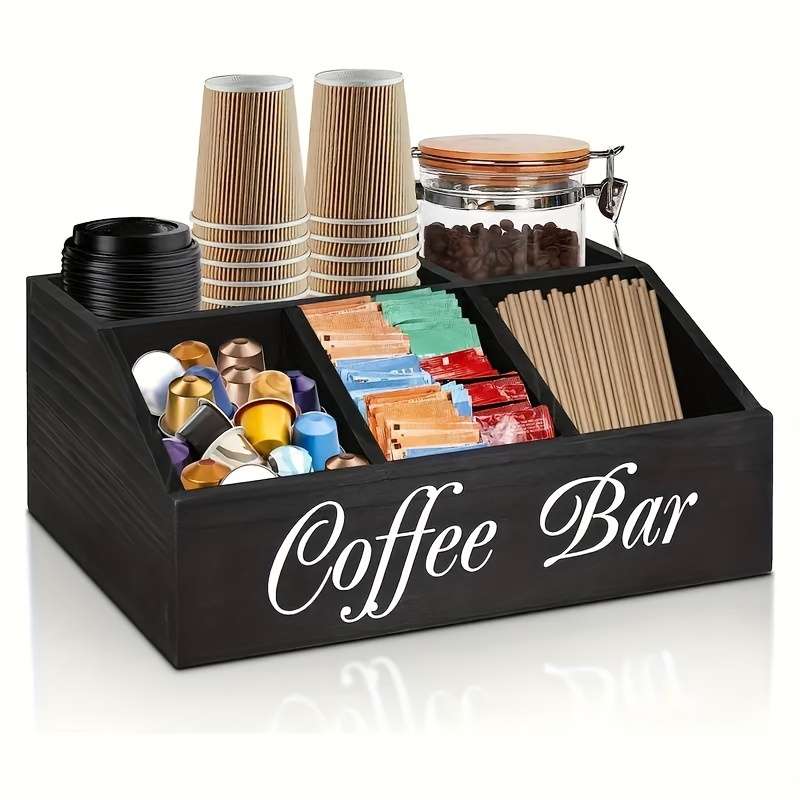 1pc Classic Wooden Coffee Bar Organizer Box Multi-Compartment Storage for Coffee Accessories