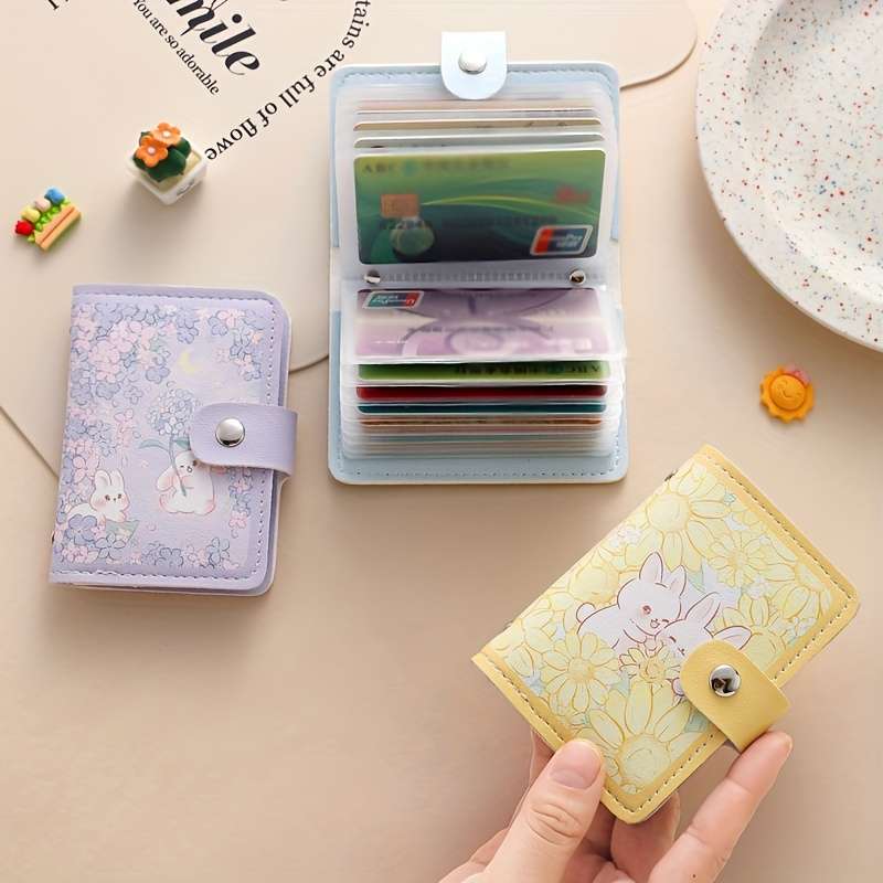 1pc Multi-Slot Cute Cartoon Rabbit Faux Leather Card Holder Casual Style Snap Closure Card Case w