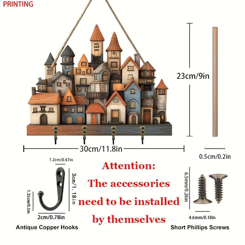 2D flat 1pc Charming urban cottage wooden key hanger (30cm x 23cm) with four metal hooksversati