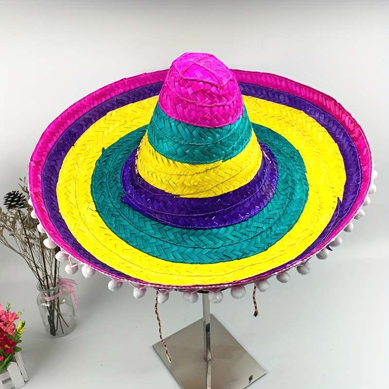 1pc Vibrant Mexican Fiesta Sombrero Colorful Cotton Woven Hat with Black Ribbon Perfect for Hall