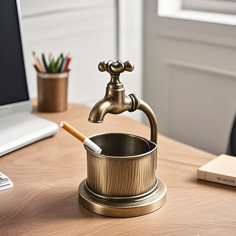1pc Vintage Wrought Iron Ashtray with Faucet Design Elegant Home Office and Bar Decor Accessory