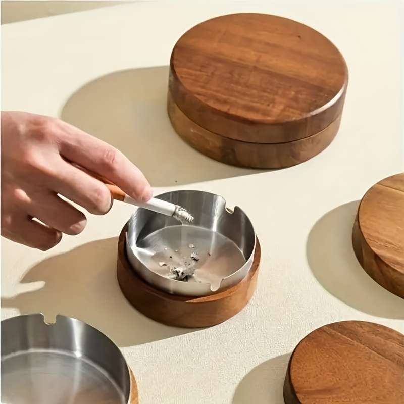 1pc Wooden Ashtray with Lid Round Stainless Steel Wood Design for Living Room and Office Us