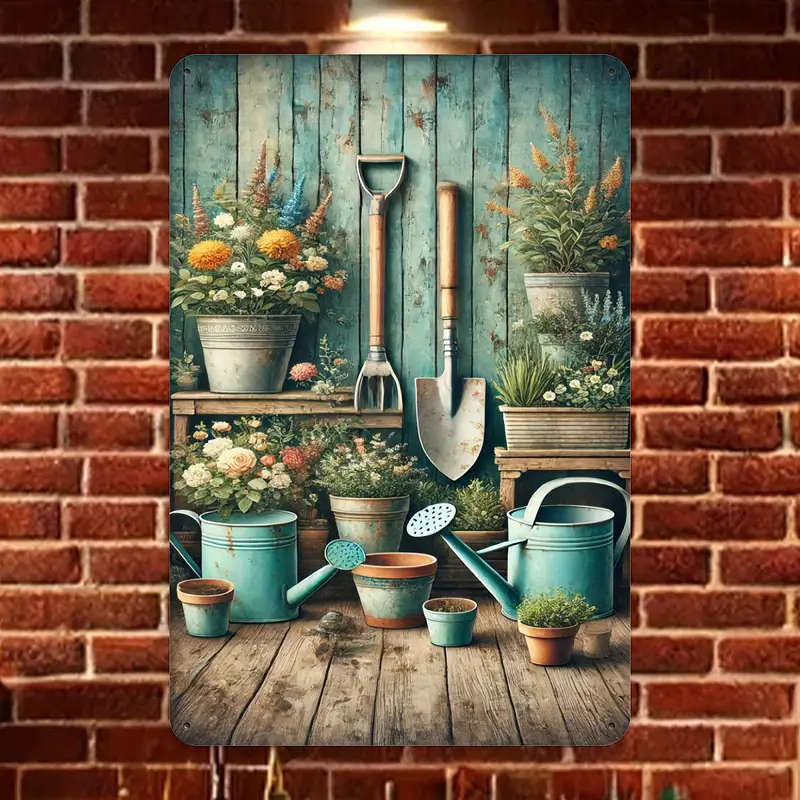 1pc Vintage Gardening Tools Potted Plants Metal Tin Sign 20.32x30.48cm Rustic Wall Art with Colorful