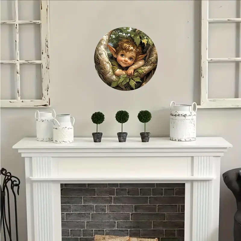 1pc Round Wooden Sign with Big Eyes Elf Design Long Ears Fairy Emblem Cute Girl Decor Scenic Christm