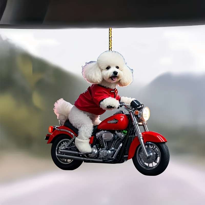 1pc 2D Flat   Adorable Bichon Frise on Motorcycle Acrylic Hanging Ornament Charming Red-Dress