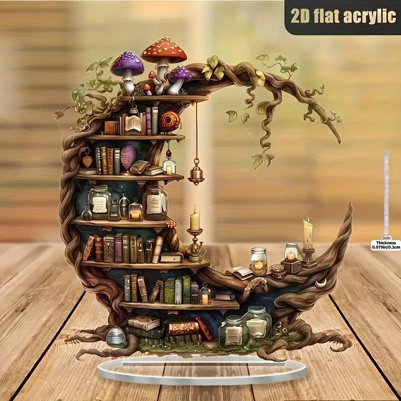1pc 2D Flat  Acrylic Bohemian Moon-Shaped Bookshelf Enchanting Forest Mushroom Design Perfect f