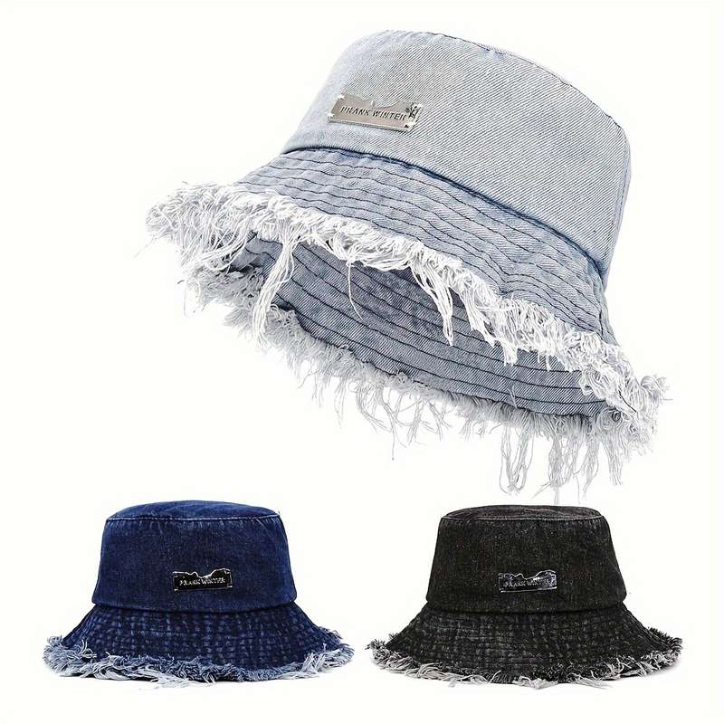 1pc Sun Protection Polyester Bucket Hat with Frayed Edge Design Hand Washable Woven Denim Style Ca