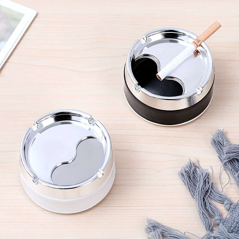 1pc Modern Stainless Steel Ashtray with Rotating Lid Smokeless Odorless Ideal for Home Office Desk