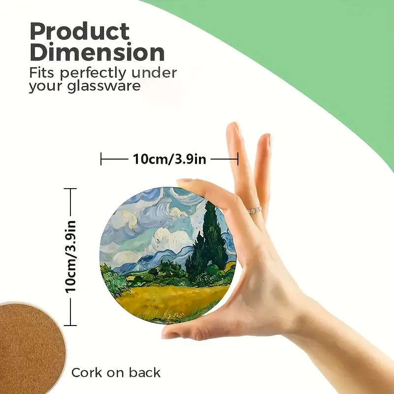8 Piece Oil Painting Art Wooden Coasters Set, Round Coasters Suitable for Coffee Table