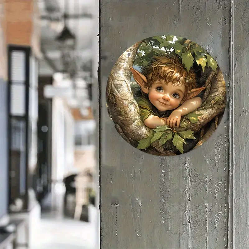 1pc Round Wooden Sign with Big Eyes Elf Design Long Ears Fairy Emblem Cute Girl Decor Scenic Christm