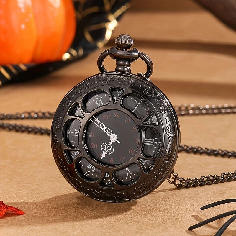1pc Exquisite Hollow Pocket Watch Black Roman Dial Necklace Pendant Watch Color sent randomly