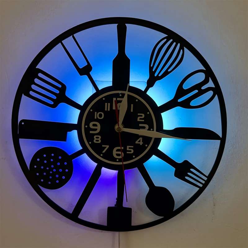 1pc Vintage Kitchen 7 Color LED Lights Vinyl Wall Clock Silent Round Clock with Utensil Design U