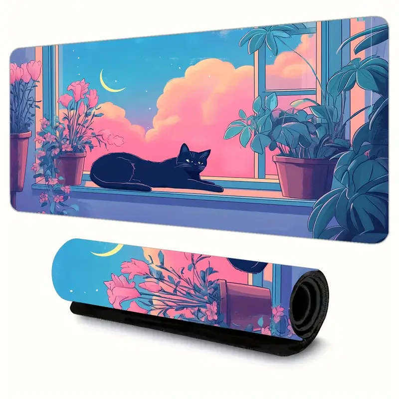 1pc 30x60cm Window Cat Floral Rubber Non-Slip Mouse Pad Office Desk Accessory