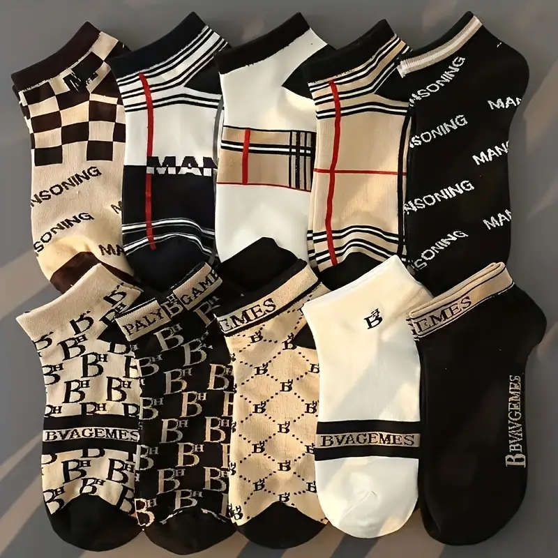 10pcs Men's Fashion Ankle Socks Trendy Versatile Stylish Low-Cut Boat Socks with Letter Pattern Brea