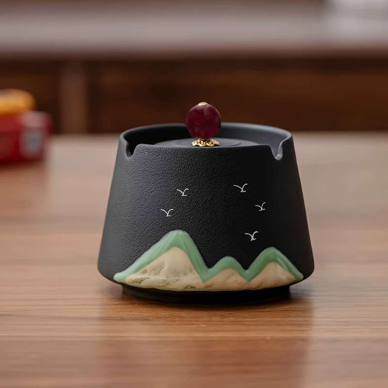 1pc Vintage Ceramic Ashtray with Lid C Windproof Black Mountain Bird Design for Indoor Outdoor Us