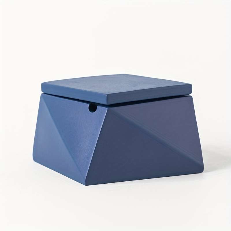 1pc Modern Geometric Stone Ashtray with Lid Light Blue Black Handcrafted Perfect for Indo