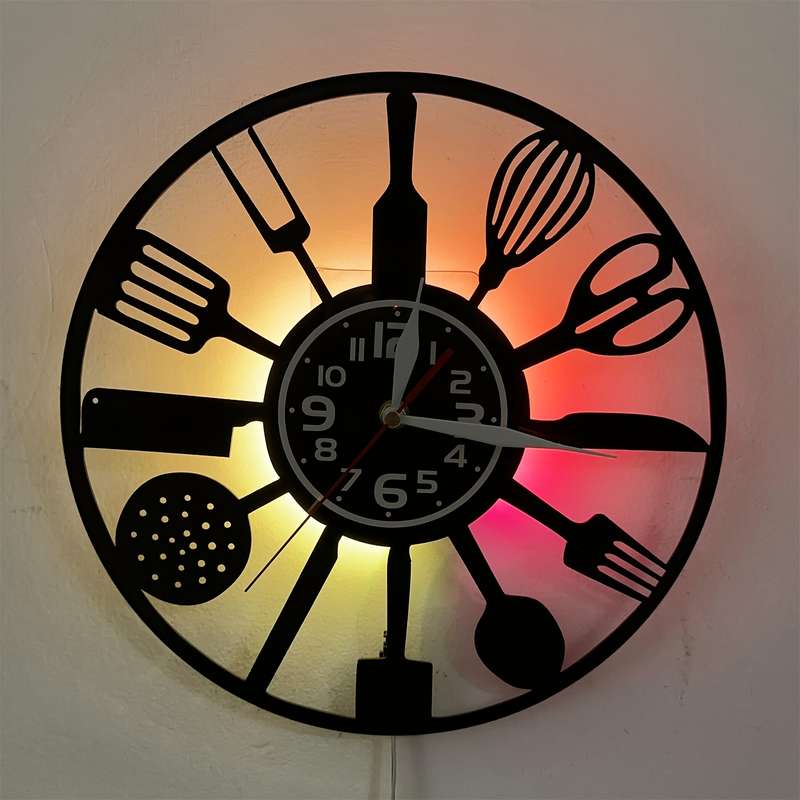 1pc Vintage Kitchen 7 Color LED Lights Vinyl Wall Clock Silent Round Clock with Utensil Design U