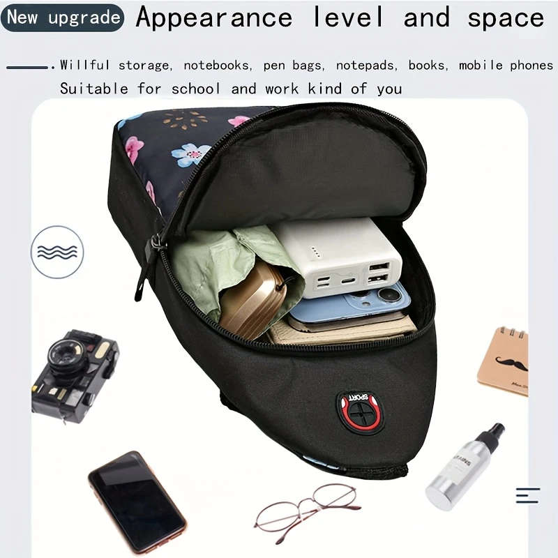 1pc Floral Print Womens Crossbody Sling Bag Versatile Nylon Chest Pack with Adjustable Strap Front
