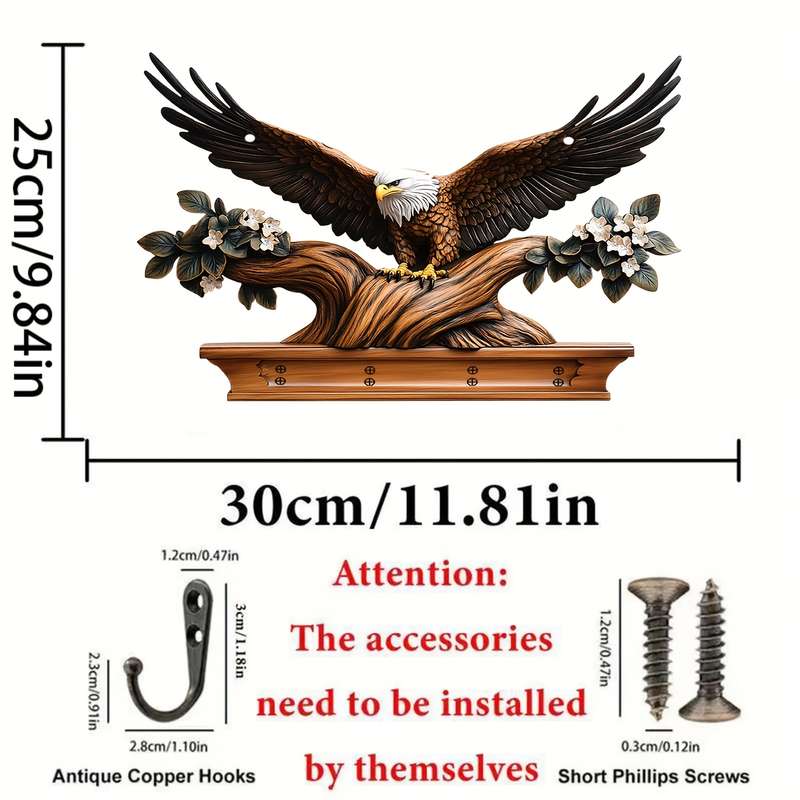 1pc Eagle Spreading Wings Simple Colored Wooden and Key Hanger with Four Metal Hooks (30.0cm x 24.