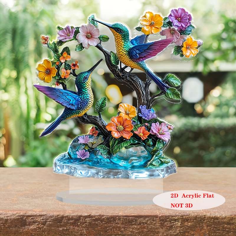 1pc 2D Flat   Bohemian Style  Acrylic Hummingbird Decor Vibrant Bird Flower Sculpt with S