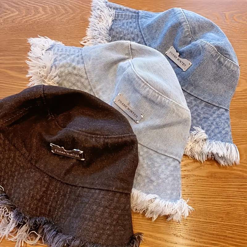 1pc Stylish Denim Bucket Hat with Letter Label Lightweight Versatile and Elastic Fisherman Hat