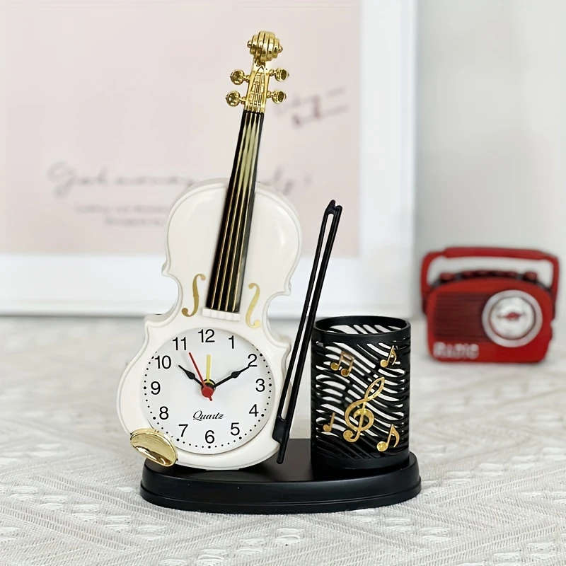 1pc Charming Violin-Shaped Alarm Clock with Pen Holder Creative Musical Instrument Design Battery-Op